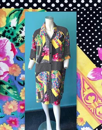 Vintage jaren 80 blouse-jurk meerdere prints maat 48 beschikbaar voor biedingen