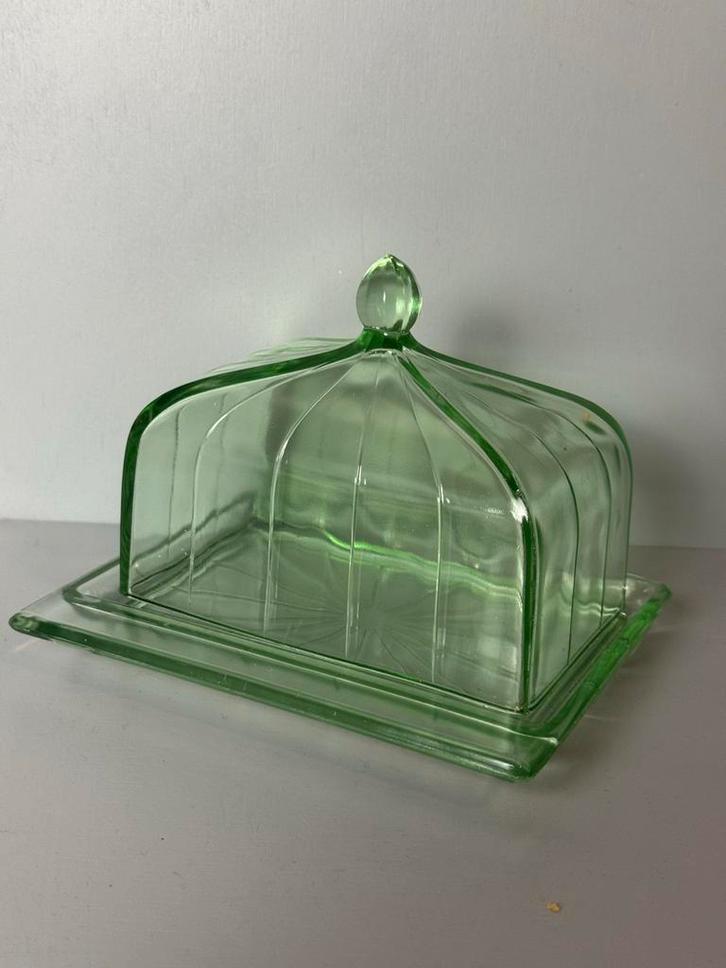 Vintage Groene Persglazen Botervloot met Stolp, Antiek en Kunst, Antiek | Glas en Kristal, Ophalen of Verzenden