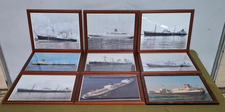9 x ingelijste foto's van schepen / boten / coasters etc., Verzamelen, Scheepvaart, Gebruikt, Kaart, Foto of Prent, Motorboot