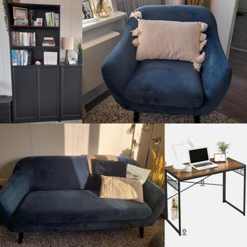 Diverse meubels te koop; bank, fauteuil, boekenkast, bureau beschikbaar voor biedingen