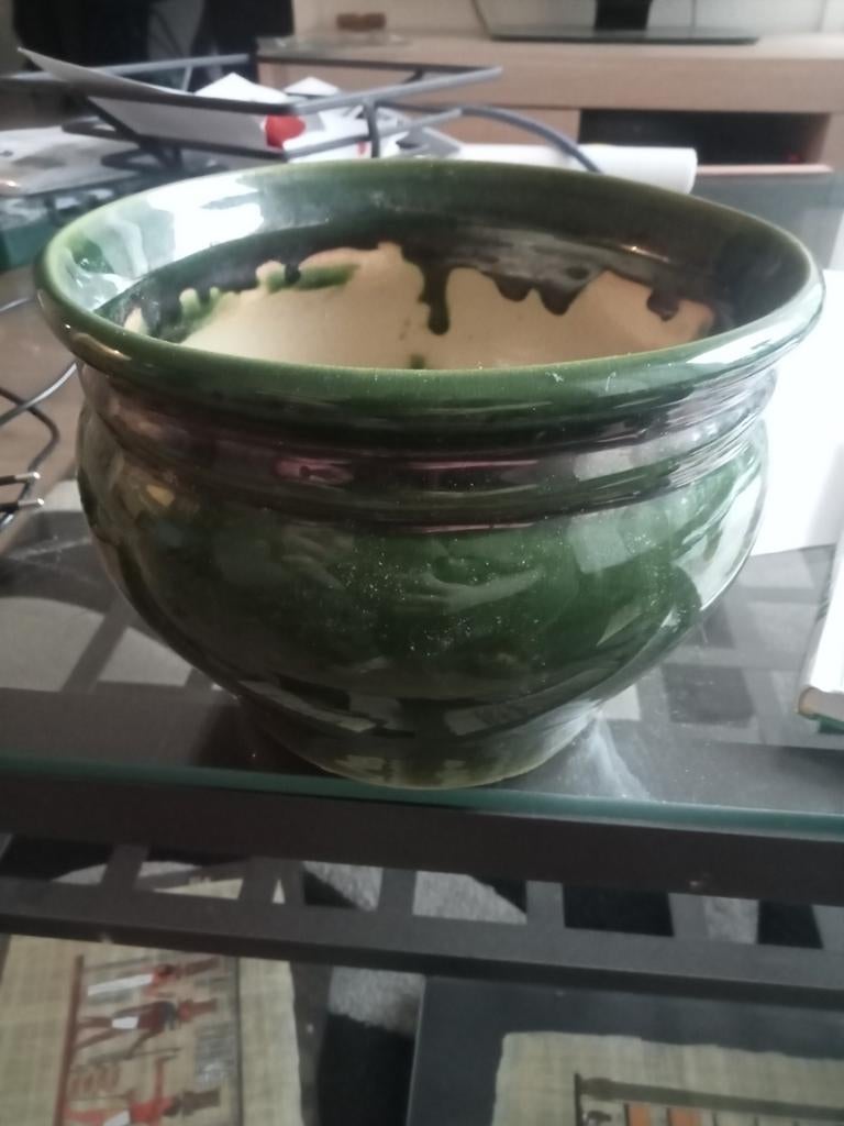 Vintage Groene Bloempot, Gebruikt, Rond, Ophalen of Verzenden, Balkon