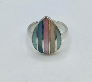 Vintage ring zilver 925 parelmoer inleg veelkleurig mooi