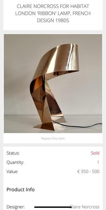 Claire Norcross voor Habitat – “Ribbon” lamp (1980s,) beschikbaar voor biedingen