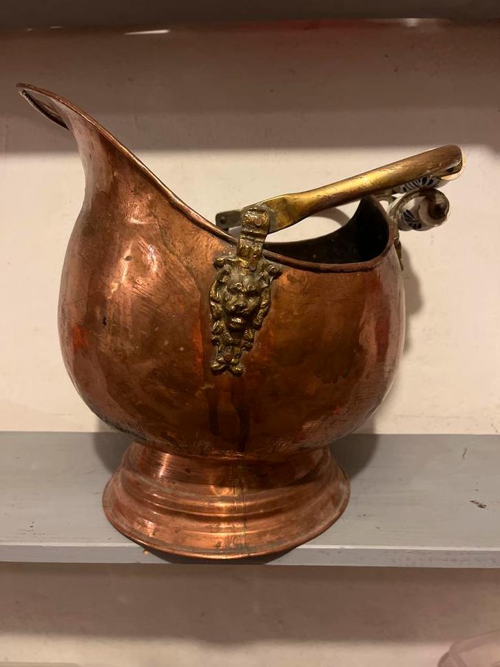Antieke Koperen Kolenkit met Leeuwenkoppen, Antiek en Kunst, Antiek | Koper en Brons, Koper, Ophalen