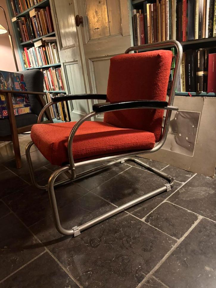 Vintage Bauhsus buisframe fauteuil zelfzaam chroom Gispen?, Huis en Inrichting, Fauteuils, Gebruikt, Metaal, Stof, 50 tot 75 cm