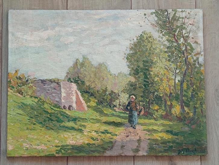 Olie op doek - wandelende boerin in bos, Antiek en Kunst, Kunst | Schilderijen | Klassiek, Ophalen