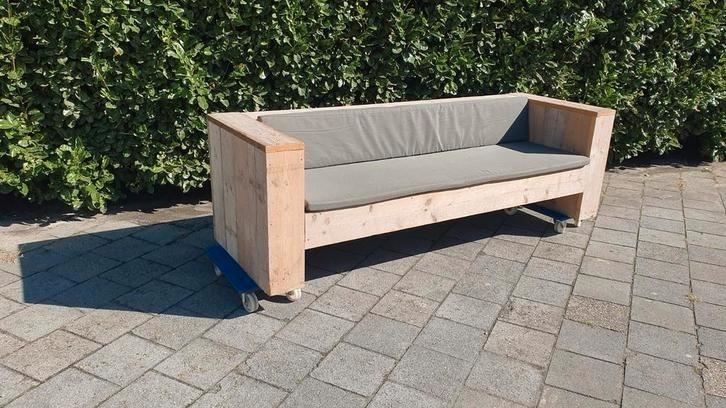 Steigerhouten lounge design bank met grijze kussen, Tuin en Terras, Tuinbanken, Zo goed als nieuw, Hout, Ophalen