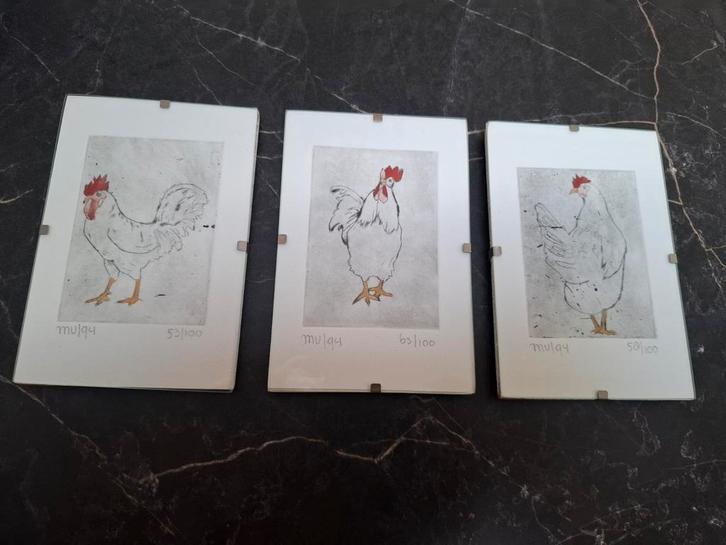 3 ingekleurde etsen van Martien Versteeg, handgesigneerd, Antiek en Kunst, Kunst | Etsen en Gravures, Ophalen of Verzenden