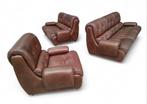 Vintage retro design 2 & 3 zits leren bankstel & fauteuil, Gebruikt, Onbekend, Leer, Ophalen of Verzenden