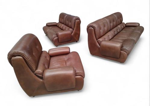 Vintage retro design 2 & 3 zits leren bankstel & fauteuil, Huis en Inrichting, Banken | Complete zithoeken, Gebruikt, Leer, Ophalen of Verzenden