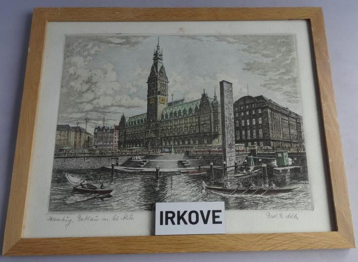 HAMBURG INGEKLEURDE ETS * Gesigneerd *, Antiek en Kunst, Kunst | Etsen en Gravures, Verzenden