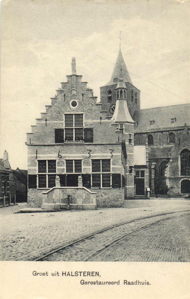 Groet uit Halsteren, Gerestaureerd Raadhuis. - ongelopen, Verzamelen, Ansichtkaarten | Nederland, Ongelopen, Noord-Brabant, Voor 1920