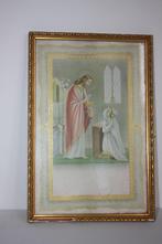 Oude Franse afbeelding Jezus en meisje goudkleurig lijstje, Ophalen of Verzenden