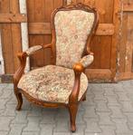 Luie stoel fauteuil stoffen bekleding 1930 houtsnijwerk, Ophalen