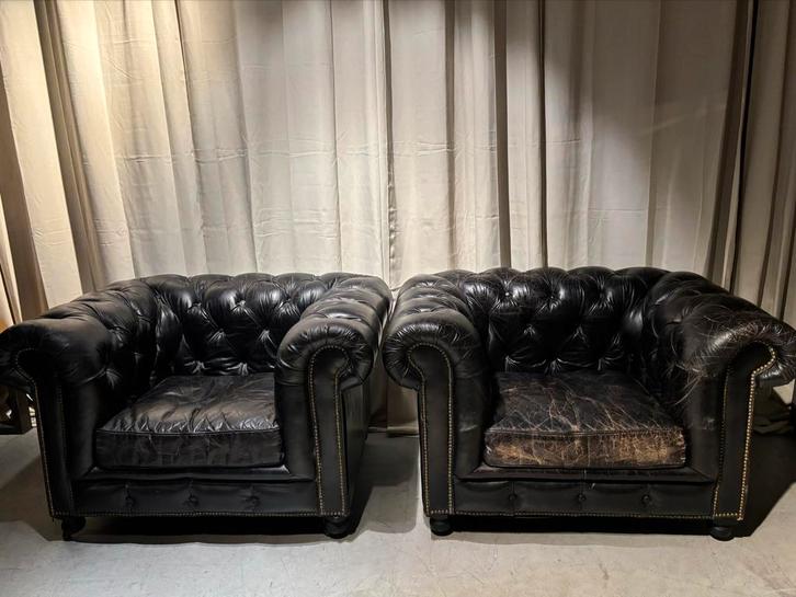 Vintage Chesterfield Clubfauteuils - Stoer & Stijlvol, Huis en Inrichting, Fauteuils, Gebruikt, Leer, 75 tot 100 cm, 75 tot 100 cm