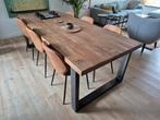 Massief Houten Mango Tafel (240cm) + 6 Cognac Stoelen, Ophalen, 200 cm of meer, 50 tot 100 cm, Zo goed als nieuw