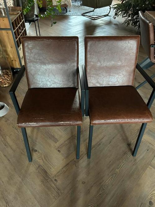 4 industrieel leren eetkamerstoelen “Goossens”, Huis en Inrichting, Stoelen, Zo goed als nieuw, Vier, Leer, Bruin, Ophalen