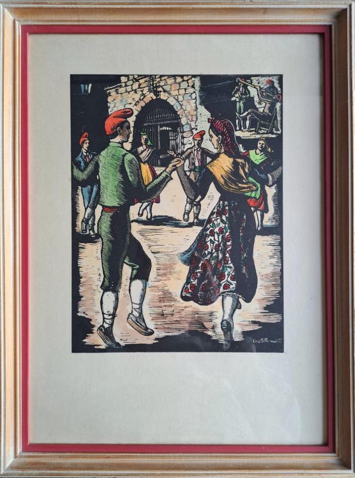 Kleuren houtdruk - Juan Castells Marti, Antiek en Kunst, Kunst | Etsen en Gravures, Ophalen of Verzenden