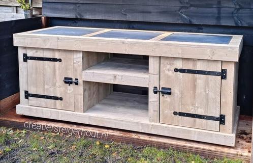 Steigerhouten buitenkeuken wielen keramische tegels buiten, Tuin en Terras, Buitenkeukens, Nieuw, Gas, Inbouw, Vrijstaand, Ophalen of Verzenden
