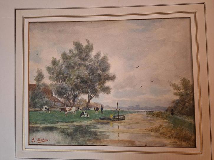 Aquarel Landschap met Koeien arie van Hattem, Antiek en Kunst, Kunst | Schilderijen | Klassiek, Ophalen of Verzenden