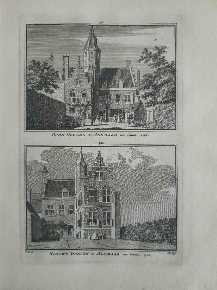 341-342*/ Oude Doelen en Nieuwe Doelen Alkmaar gravure 1752, Antiek en Kunst, Kunst | Etsen en Gravures, Ophalen of Verzenden