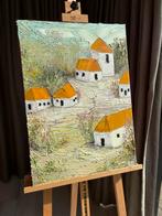 Olieverf schilderij abstract natuur met witte huisjes, Antiek en Kunst, Kunst | Schilderijen | Abstract, Ophalen of Verzenden