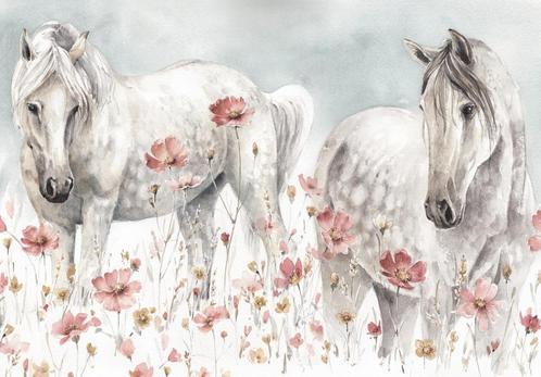 Witte Paarden fotobehang Bloemenveld | vlies- vinyl behang, Huis en Inrichting, Stoffering | Behang, Ophalen of Verzenden