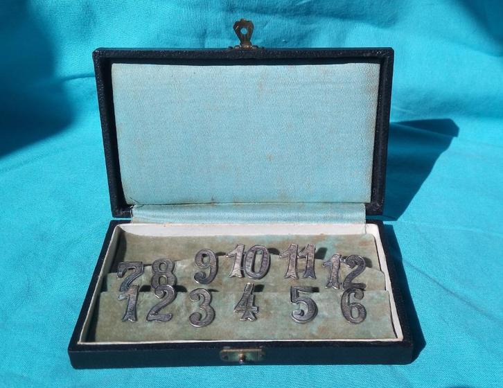ZILVER ART DECO TAFELNUMMERS 1-12 GLASHANGERS ALPACCA ETUI, Antiek en Kunst, Curiosa en Brocante, Verzenden
