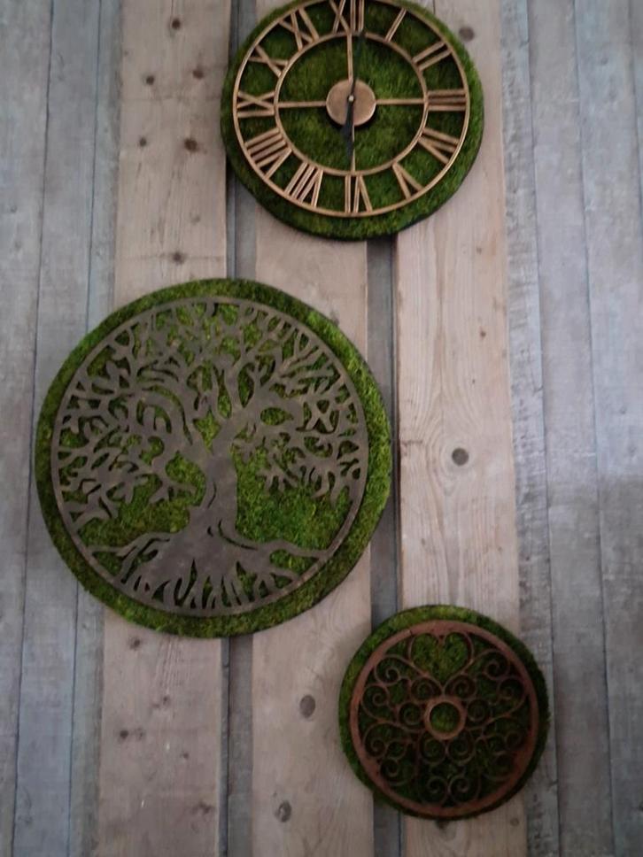 Set van 3 ronde schilderijen van mos en metaal, Huis en Inrichting, Woonaccessoires | Wanddecoraties, Nieuw, Ophalen