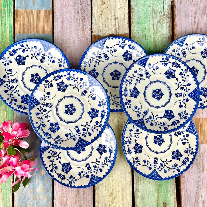 Engelse bordjes blauw wit English Tableware Romance, Huis en Inrichting, Keuken | Servies, Gebruikt, Kop(pen) en/of Schotel(s)