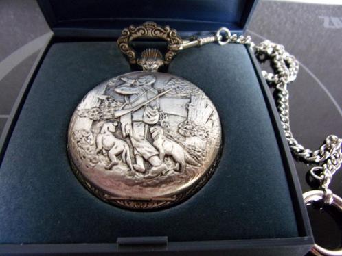Zak horloge zilverkleur met ketting afbeelding jachttafreel, Sieraden, Tassen en Uiterlijk, Horloges | Antiek, Zakhorloge, Overige merken