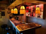 4 Leren hanglampen met franjes  boven bar MANCAVE kroeg café, Bruin, Rond, Ophalen of Verzenden, Zo goed als nieuw