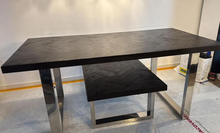 Eettafel + Salontafel – zwart visgraat met RVS onderstel, Huis en Inrichting, Tafels | Salontafels, Zo goed als nieuw, Minder dan 50 cm