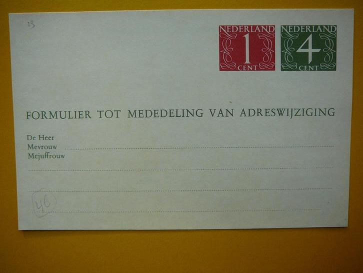 (V) Formulier Adreswijziging circa 1946 ongebruikt. 460/464, Postzegels en Munten, Brieven en Enveloppen | Nederland, Briefkaart
