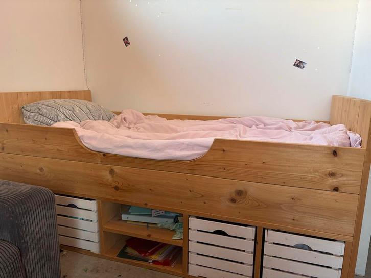 Steigerhouten bed met opbergruimte, Huis en Inrichting, Slaapkamer | Bedden, Gebruikt, Eenpersoons, 90 cm, 200 cm, Steigerhout