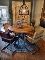 Mangohouten eettafel + 4 leren stoelen (zo goed als nieuw), 100 tot 150 cm, 150 tot 200 cm, Rond, Ophalen of Verzenden