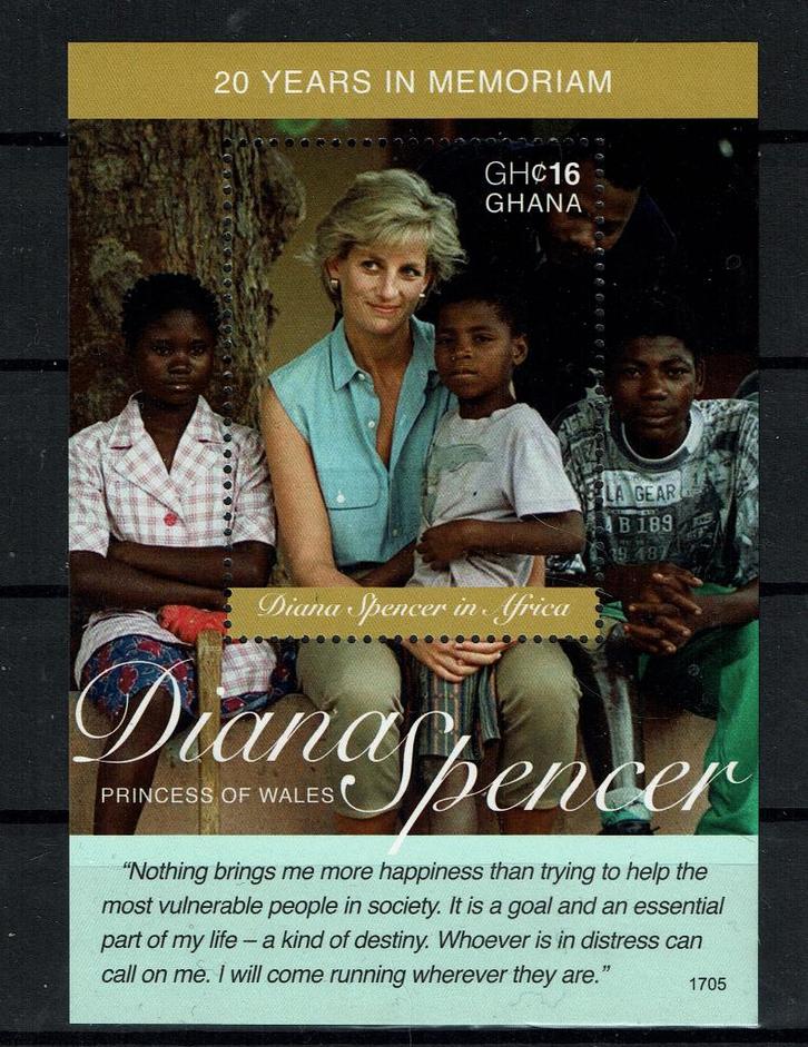 ghana 2017 pf blok lady diana koningshuis royalty, Postzegels en Munten, Postzegels | Thematische zegels, Postfris, Koningshuis