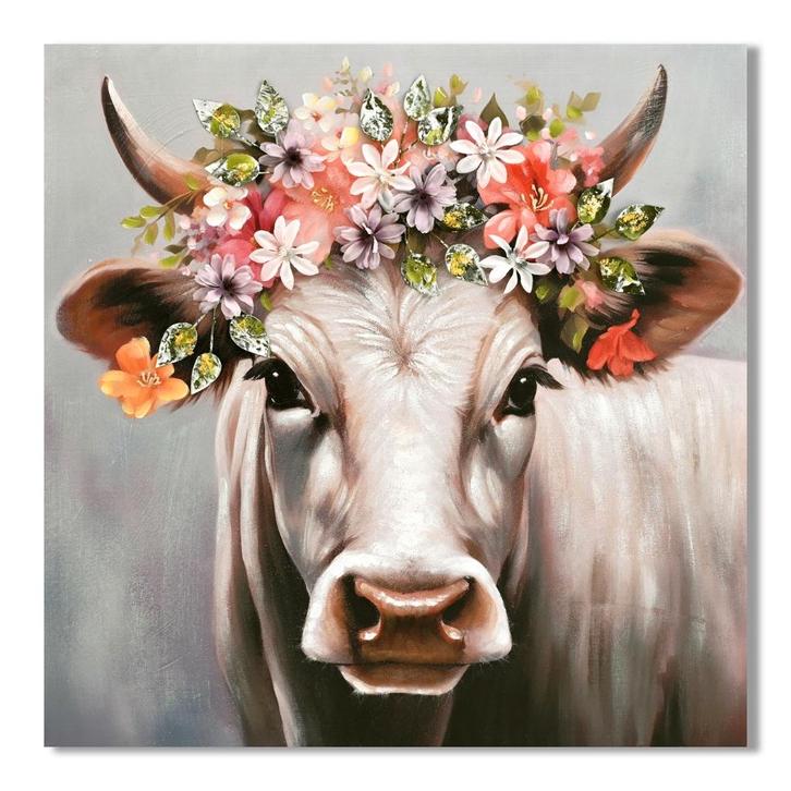 3D Schilderij | Koe & Bloemen | 80x80 | Peinted, Antiek en Kunst, Kunst | Schilderijen | Modern, Ophalen of Verzenden