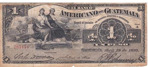 Guatemala 1 Peso 1899 - El Banco Americano - Zeldzaam biljet, Postzegels en Munten, Bankbiljetten | Amerika, Los biljet, Midden-Amerika