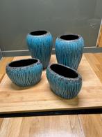 Blauw geglazuurde bloempotten set van 4, Tuin en Terras, Bloempotten, Ophalen, Gebruikt, Binnen, Overige vormen