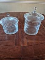 Gegraveerde deksel / voorraad pot - met deksel - set van 2, Ophalen of Verzenden, Zo goed als nieuw, Rond, Glas