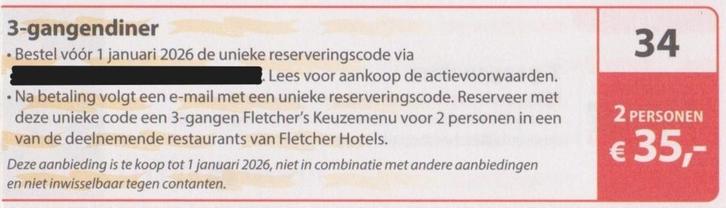 3-gangendiner Fletcher 2 personen € 35,-. Postcode bon nr 34, Tickets en Kaartjes, Kortingen en Cadeaubonnen, Twee personen, Kortingsbon