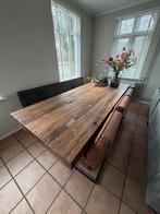 Massieve houten eettafel met bank en 4 stoelen, Huis en Inrichting, Tafels | Eettafels, Ophalen, Gebruikt, 100 tot 150 cm, Eikenhout