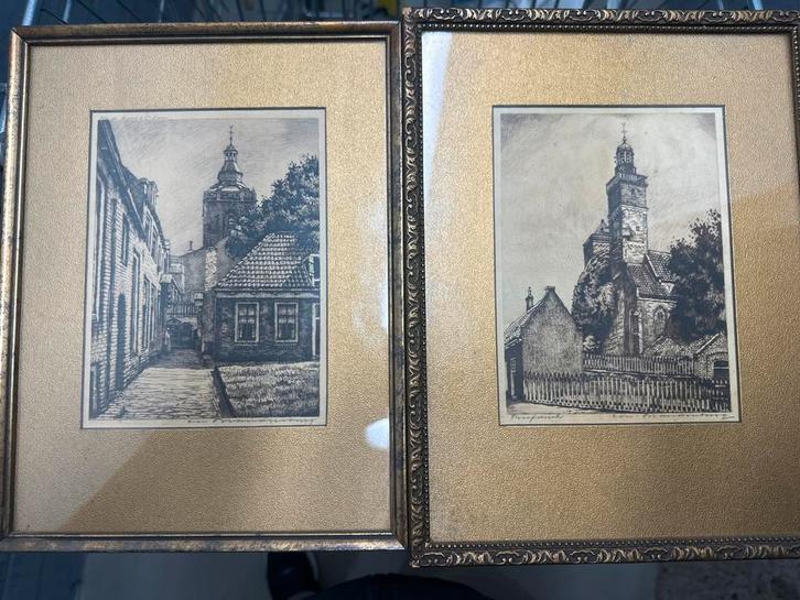 Twee Ingelijste Etsen/Gravures Stadsgezichten Gesigneerd Kun, Antiek en Kunst, Kunst | Etsen en Gravures, Ophalen