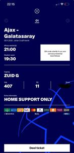 Ajax Galatasaray | Vak 407 | 1 ticket, Tickets en Kaartjes, Losse kaart, Eén persoon, November, Europa of Champions League