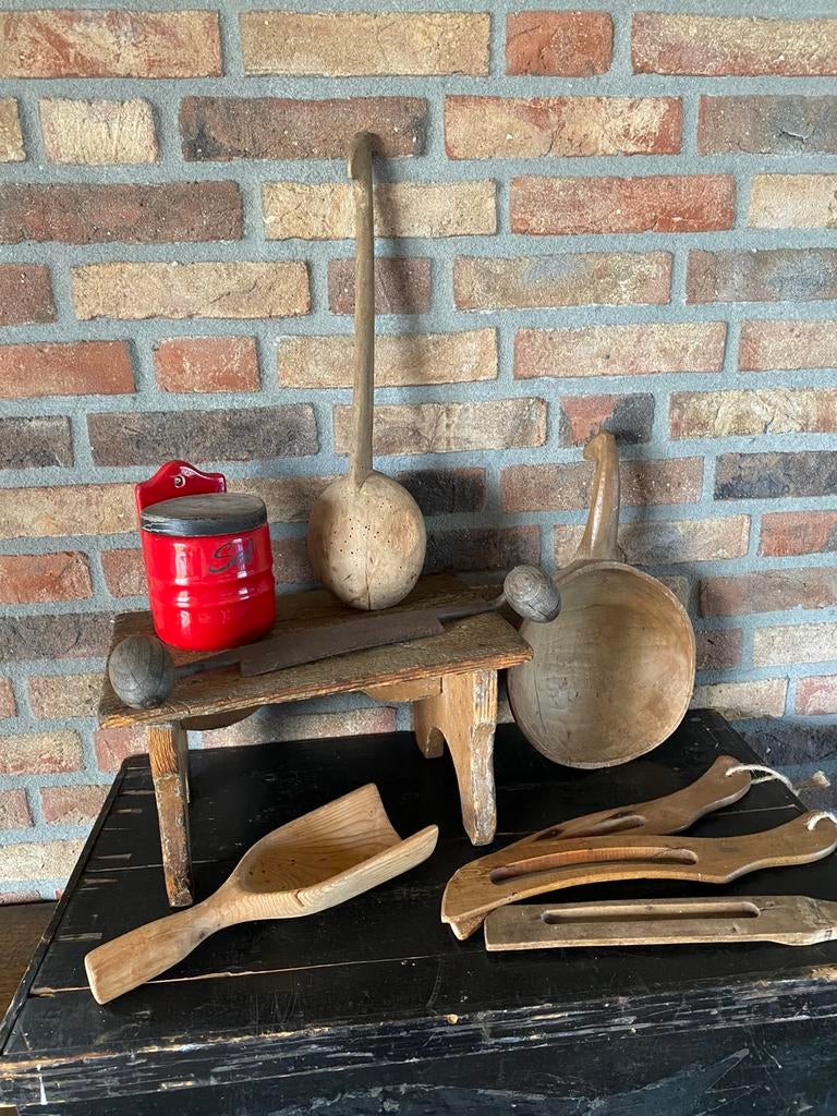 Brocante oude houten lepels/ koolsnijders/kaasmes/zoutpot, Ophalen of Verzenden