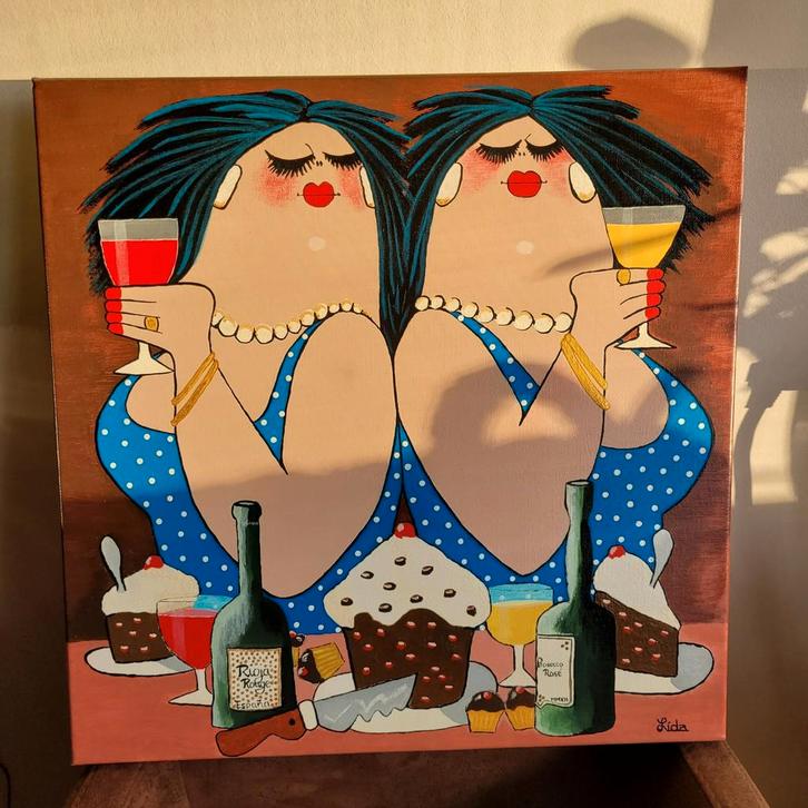 Schilderij van twee dames met wijn en gebak, Antiek en Kunst, Kunst | Schilderijen | Modern, Ophalen