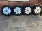 4 stalen velgen audi wieldoppen en Continental winterbanden., Auto-onderdelen, Banden en Velgen, 16 inch, 205 mm, Winterbanden