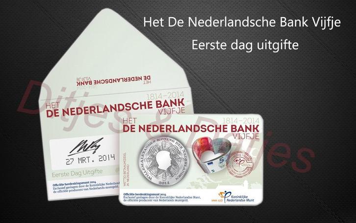 Eerste dag uitgifte De Nederlandse Bank Vijfje coincard, Postzegels en Munten, Munten | Nederland, Euro's, Koningin Beatrix, Ophalen of Verzenden