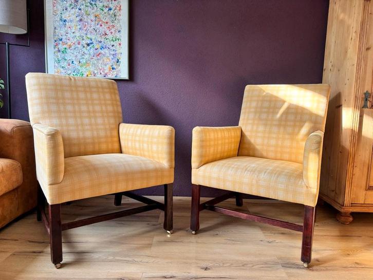 2x Gele Preppy Country Style Fauteuils, Huis en Inrichting, Fauteuils, Gebruikt, Hout, Metaal, Stof, Ophalen